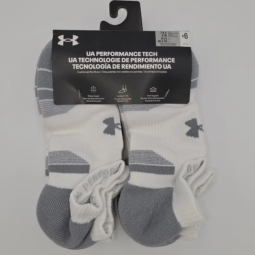 Under Armour Mens Performance Tech No Show Socks 6 Pk White Grey 1386243-100 NWT